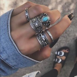 Turquoise Elephant 5 piece Ring Set